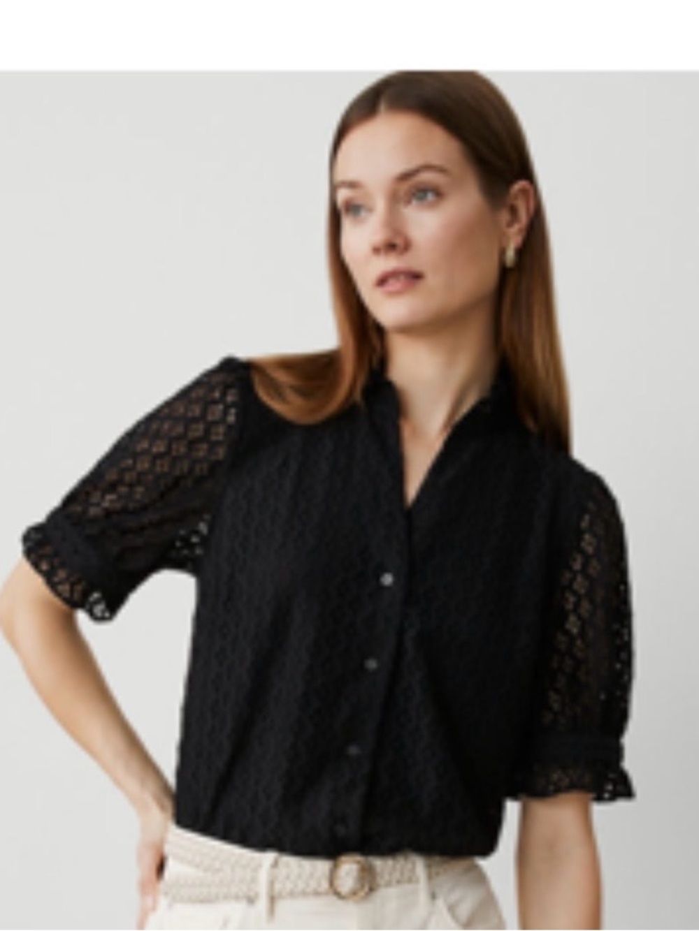 Ann Taylor Lace Button-Front Blouse - Black